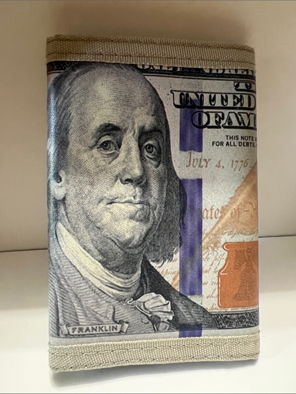 Benjamin Franklin Money Print Wallet - Beige Trim